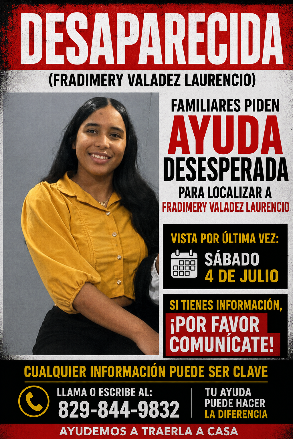 La comunidad de Villa Mella se encuentra en alerta tras reportarse la desaparición de la joven Fradimery Valadez Laurencio, de 17 años de edad.